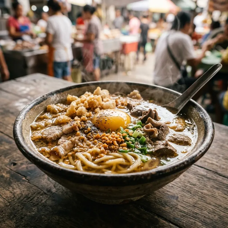 Bowl of authentic La Paz Batchoy noodle soup with pork, chicharon, and scallions in Western Visayas