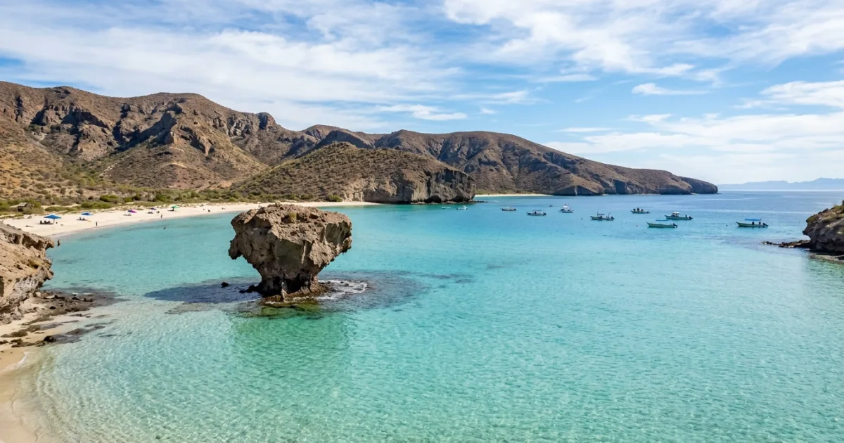 Wide view of Balandra Beach and its crystal-clear waters in La Paz, Mexico