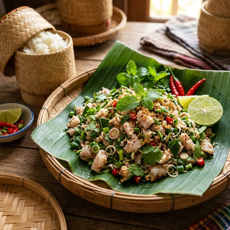 Authentic Lao fish salad Laap Pa with herbs and sticky rice