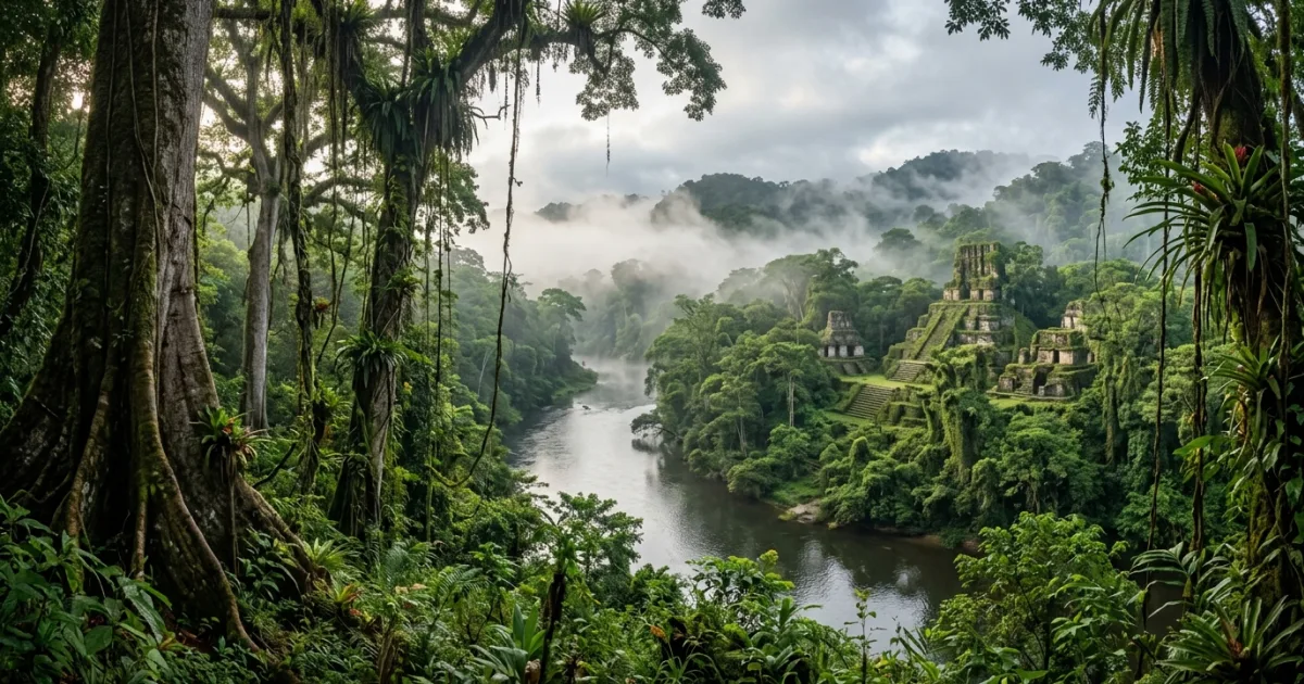Panoramic view of the misty Lacandon Jungle canopy with tropical trees and ancient Maya stone ruins