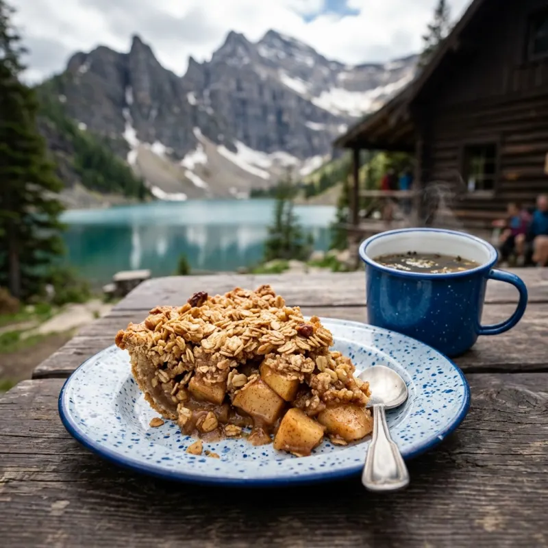 Warm baked apple crumble served on an enamel plate at Lake Agnes Teahouse