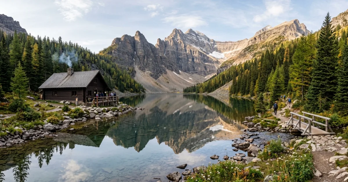 Panoramic view of the historic rustic Lake Agnes Teahouse by the alpine lake in Banff National Park