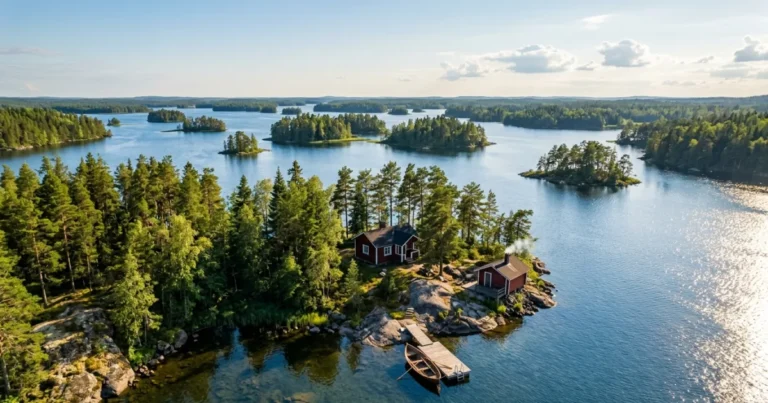 Lake Saimaa 1 Panoramic aerial view of Lake Saimaa's forested islands and crystal clear waters in Finland