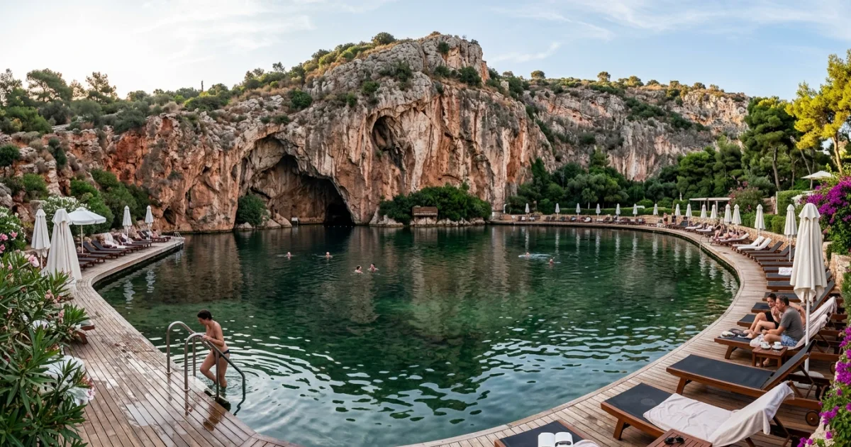 Panoramic view of Lake Vouliagmeni thermal spa and towering limestone cliffs