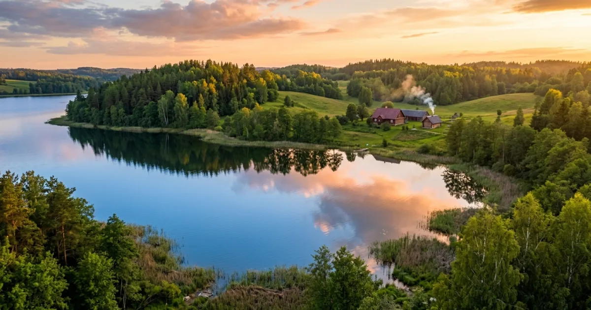 Panoramic view of Lake Rāzna in Latgale Latvia with surrounding pine forests and rolling countryside at golden hour