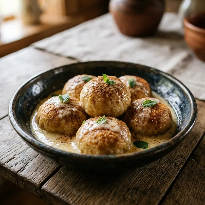 Authentic Latgalian Asuškas cottage cheese dumplings in rich sweet cream sauce served in a traditional handmade clay bowl
