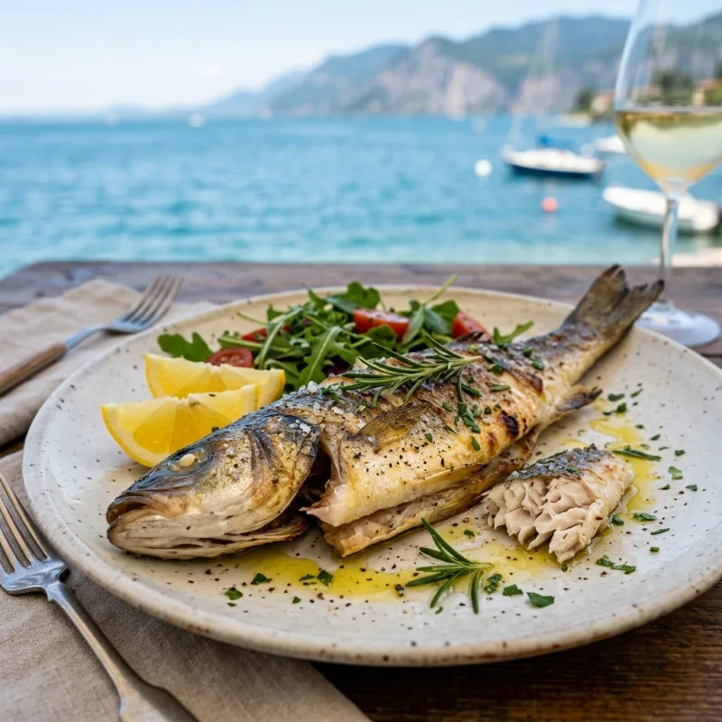 Grilled Lavarello whitefish with lemon and herbs on a plate