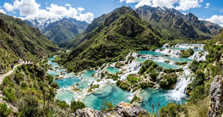 Lima Region, Peru 3 Turquoise river cascades and lush green terraces in Nor Yauyos Cochas, Lima Region, Peru
