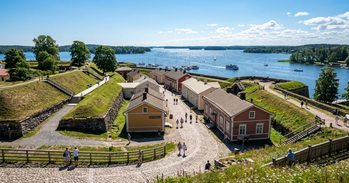 Panoramic view of Linnoitus fortress ramparts and historic buildings in Lappeenranta overlooking Lake Saimaa