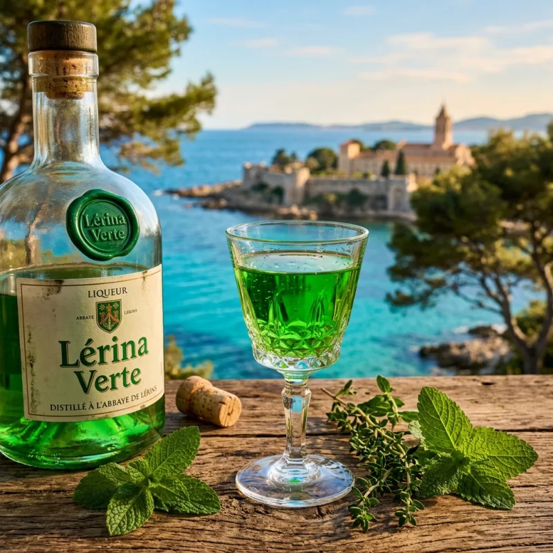 Glass of herbal green Lerina liqueur on a wooden terrace overlooking Saint Honorat Island coastline