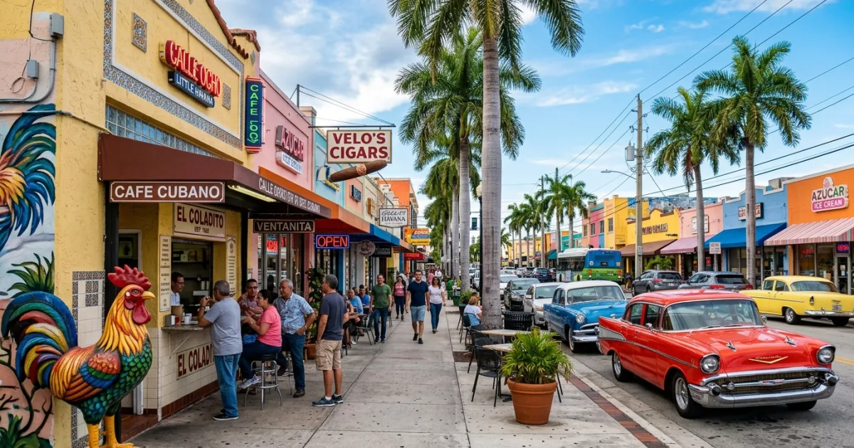 Street scene of Calle Ocho in Little Havana Miami with colorful storefronts, rooster statue, and palm trees
