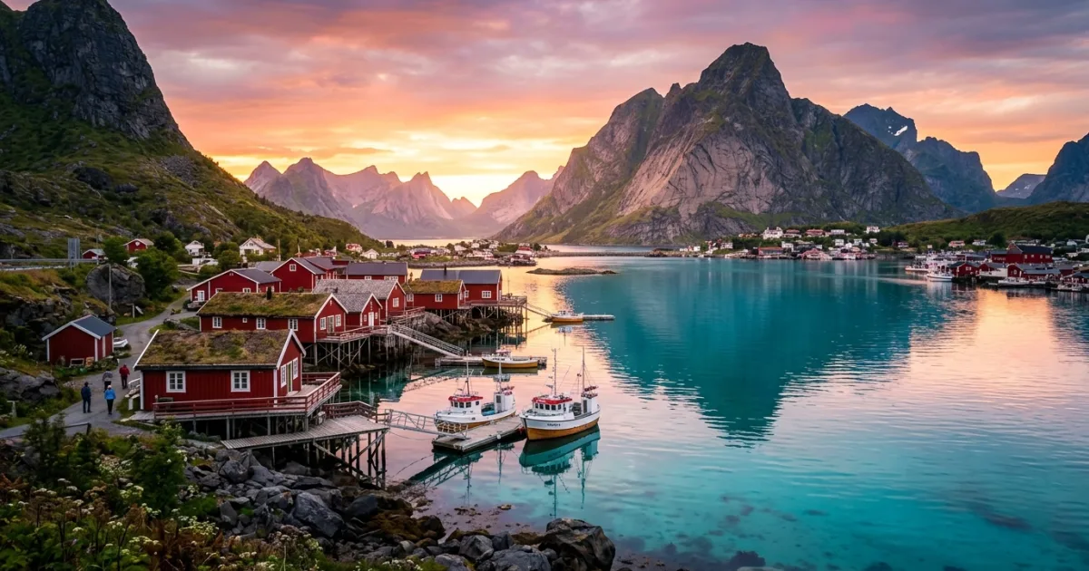 Red fishermen's cabins on the water beneath dramatic jagged mountains in the Lofoten Islands