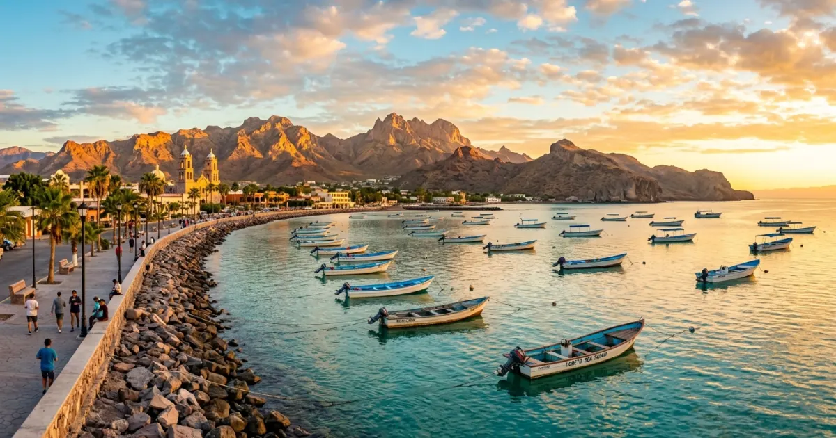 Panoramic view of Loreto coastline and Sierra de la Giganta mountains in Baja California Sur