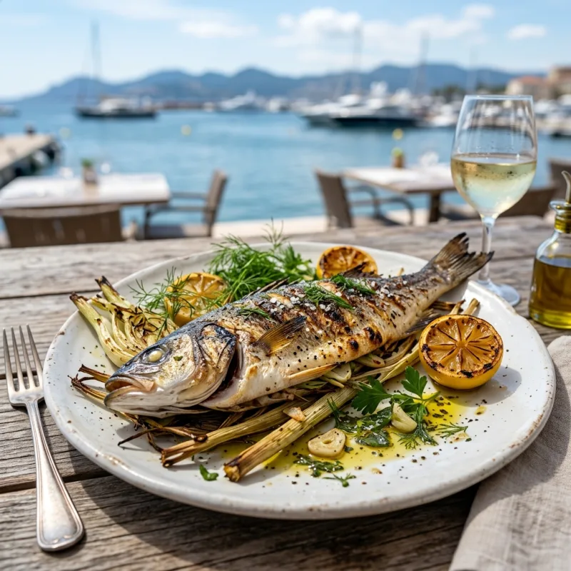 Loup de Mer au Fenouil grilled sea bass on a seaside table along La Croisette