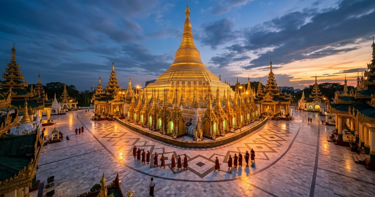 Panoramic view of the golden Shwedagon Pagoda at dusk in Lower Myanmar