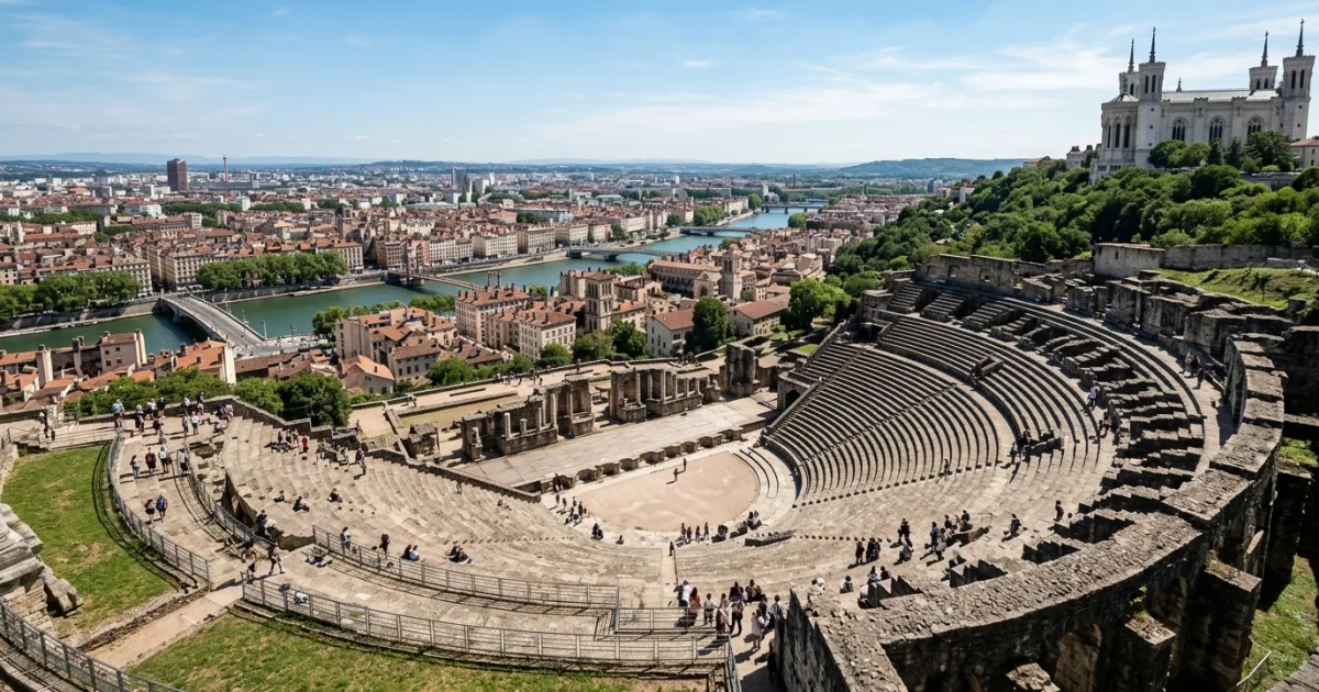 Ancient Roman Theatre of Fourviere in Lyon overlooking the city skyline