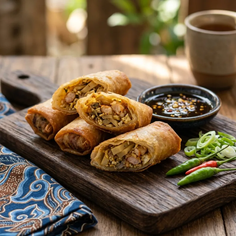Golden-brown Lunpia Semarang spring rolls served with dipping sauce and fresh scallions