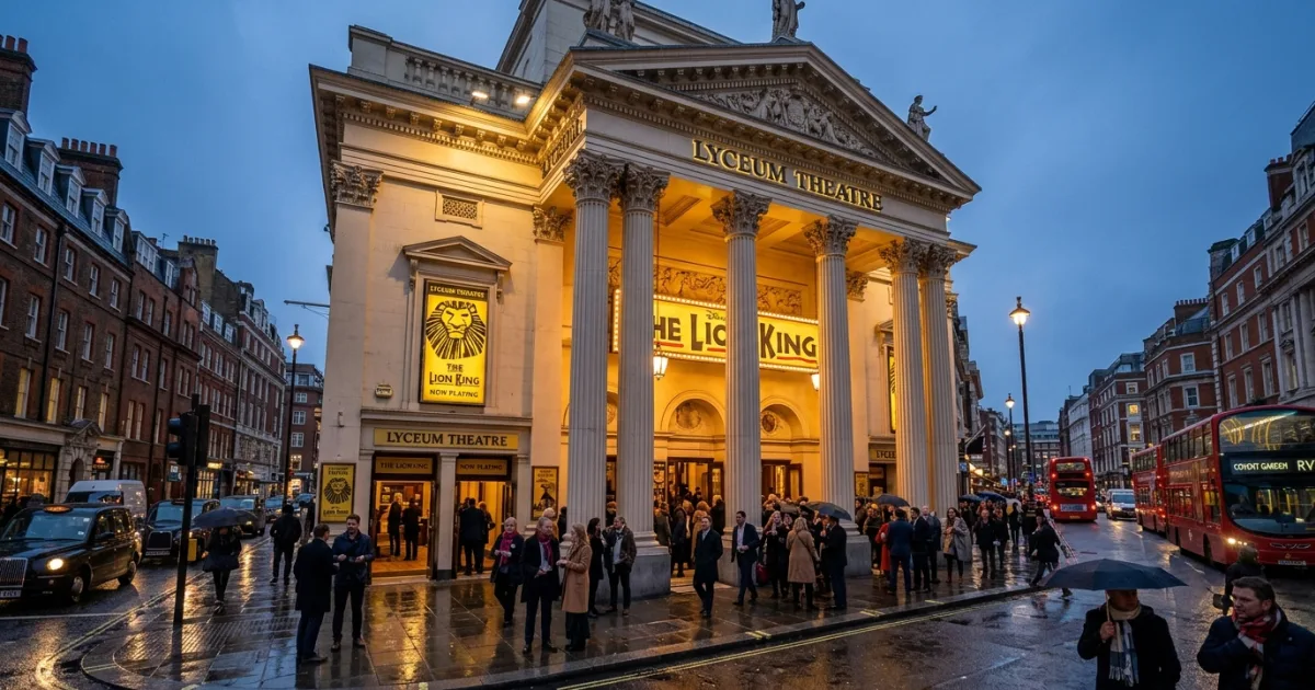 Lyceum Theatre illuminated facade with Corinthian portico in London's West End