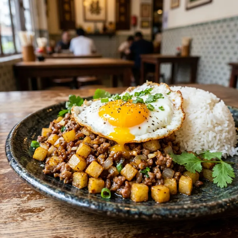 A plate of traditional Macanese Minchi with minced meat, potatoes, and a fried egg