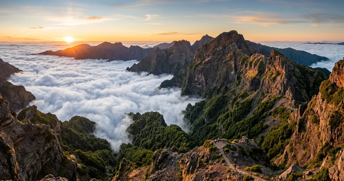 Panoramic view of rugged volcanic peaks above cloud level in Madeira Natural Park at sunrise