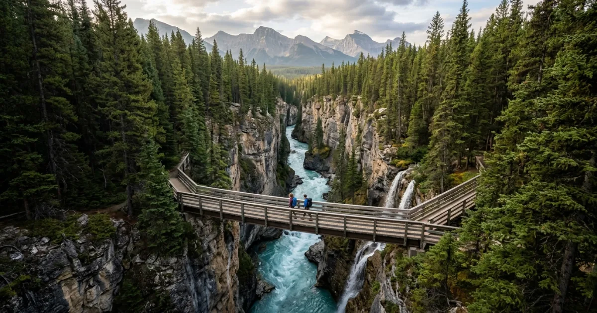 Dramatic wide-angle view of the deep limestone gorge and turquoise waters at Maligne Canyon in Jasper