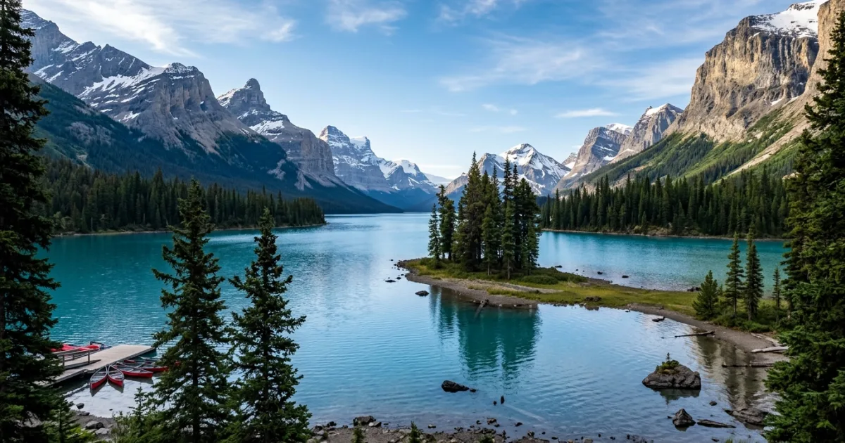 Panoramic view of Maligne Lake and Spirit Island in Jasper National Park with snow-dusted Canadian Rockies in the background