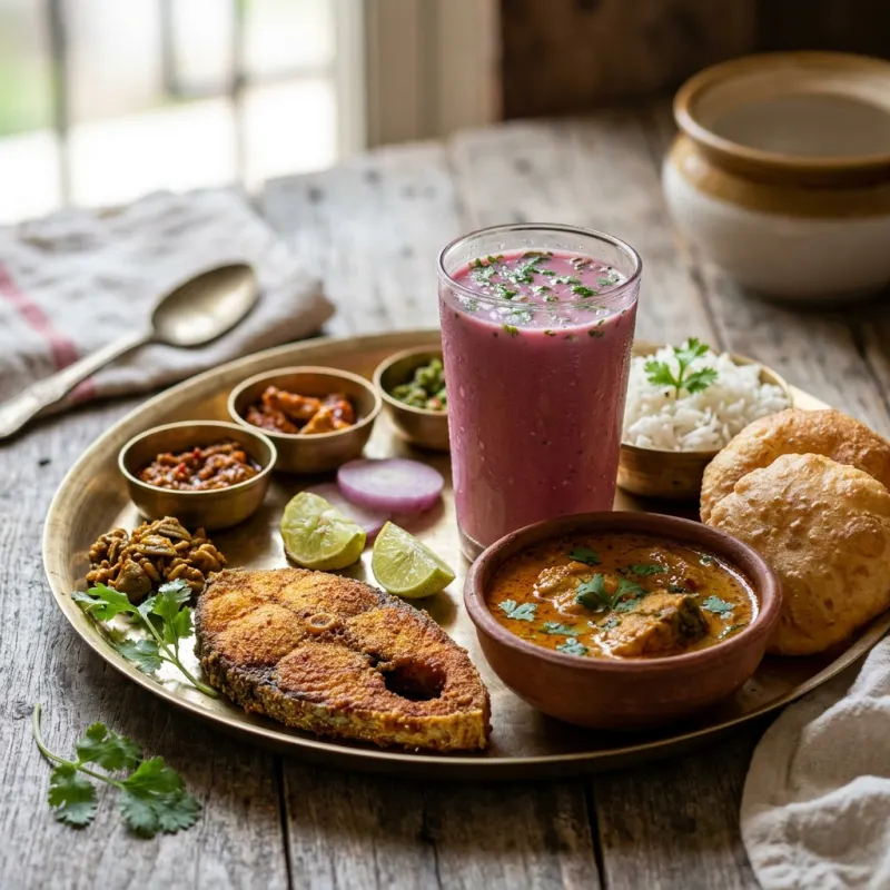 Authentic Malvani Fish Thali with fried kingfish, coconut curry, and pink solkadhi