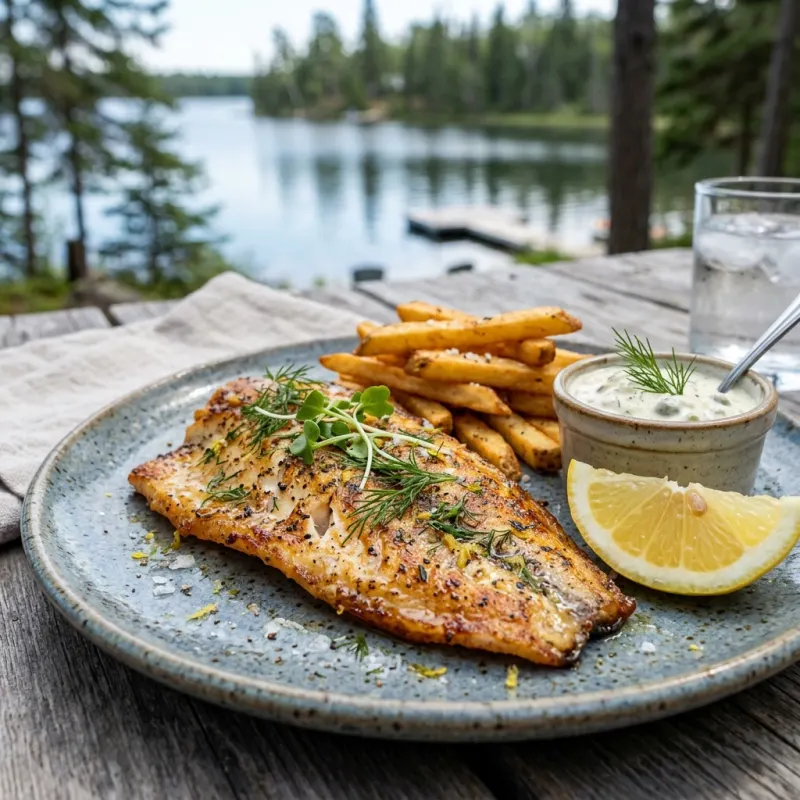 Pan-seared Manitoba pickerel fillet with fries and tartar sauce