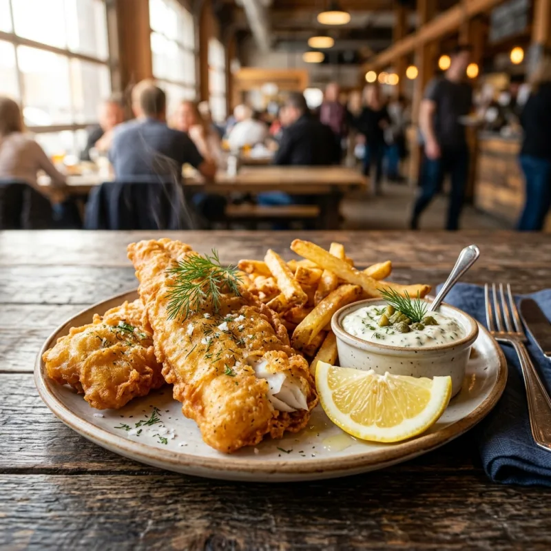 Crispy golden Manitoba pickerel fish and chips served with lemon and tartar sauce