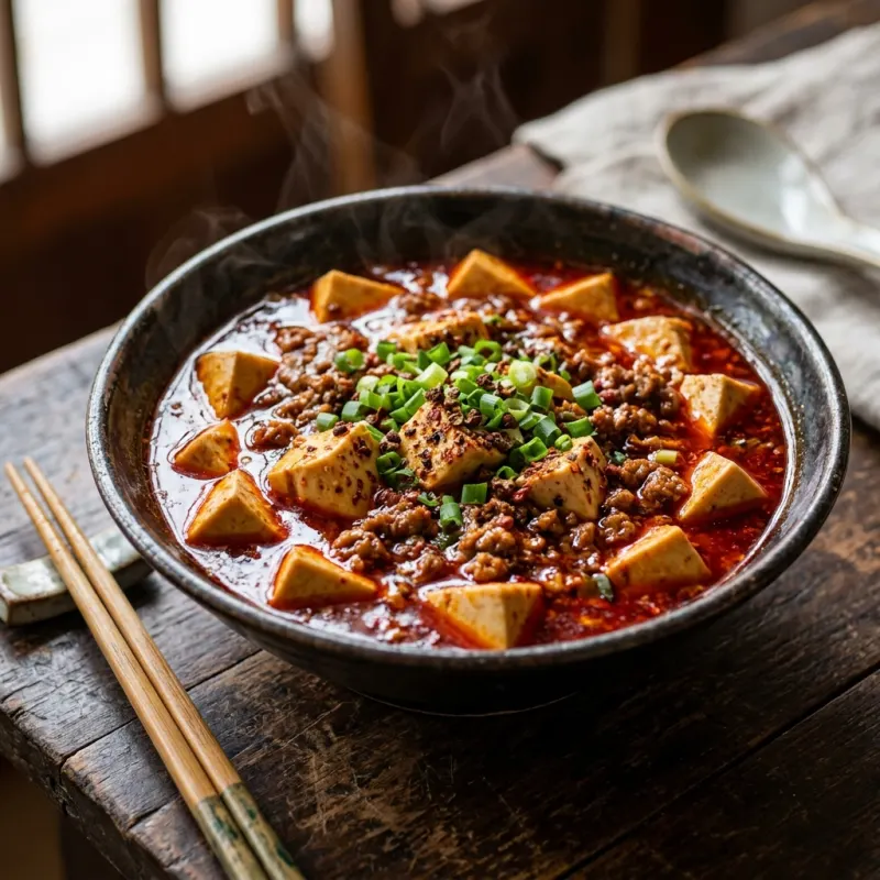 A bowl of authentic Sichuan Mapo Tofu with chili oil and scallions