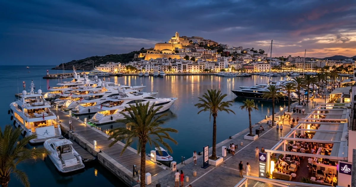 Panoramic twilight view of luxury yachts docked at Marina Botafoch with Dalt Vila across the water in Ibiza