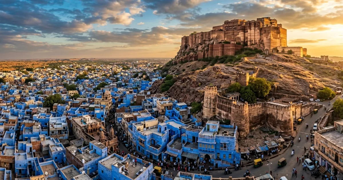 Panoramic view of the historic Marwar region showing Mehrangarh Fort over blue houses in Rajasthan