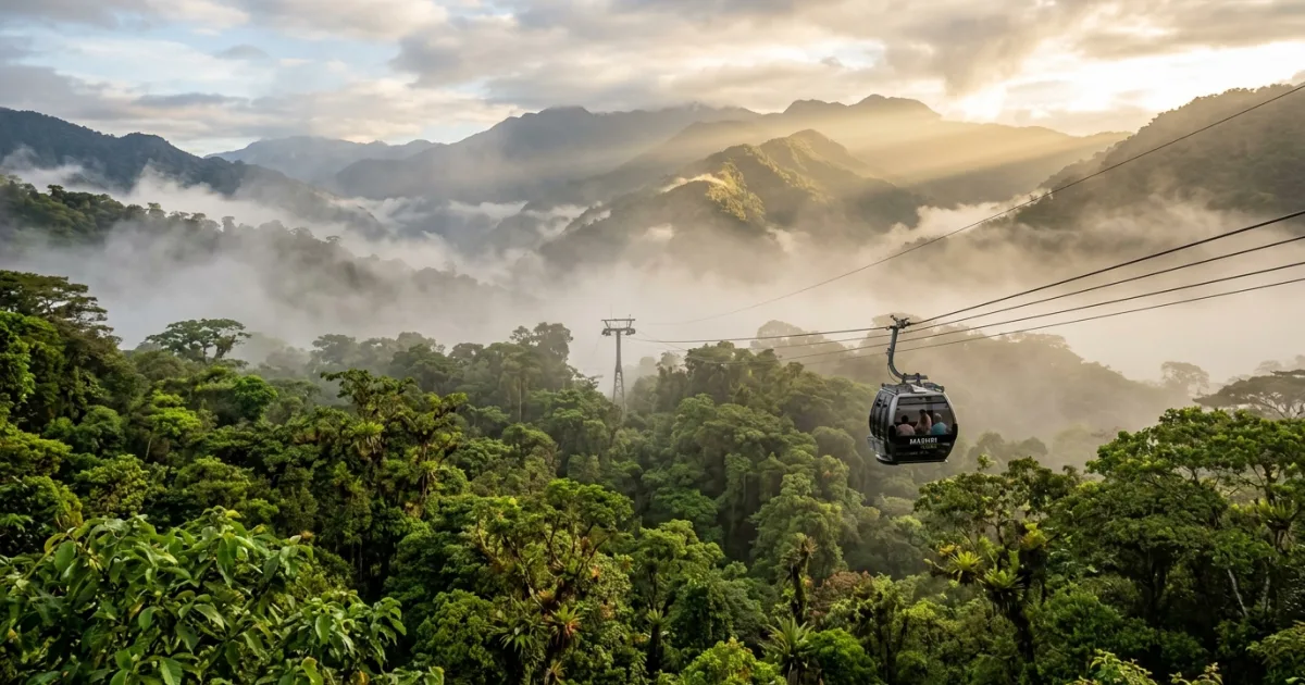 Aerial view of the lush green canopy and mist in Mashpi Reserve, Ecuador