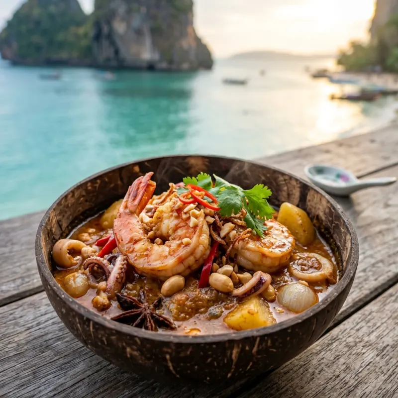 Bowl of rich Thai Massaman seafood curry served on a wooden table near the beach