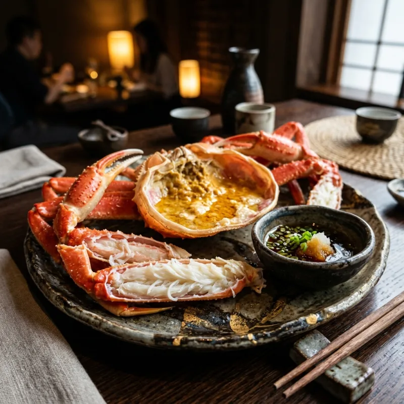 Steamed Matsuba snow crab on a Japanese ceramic platter