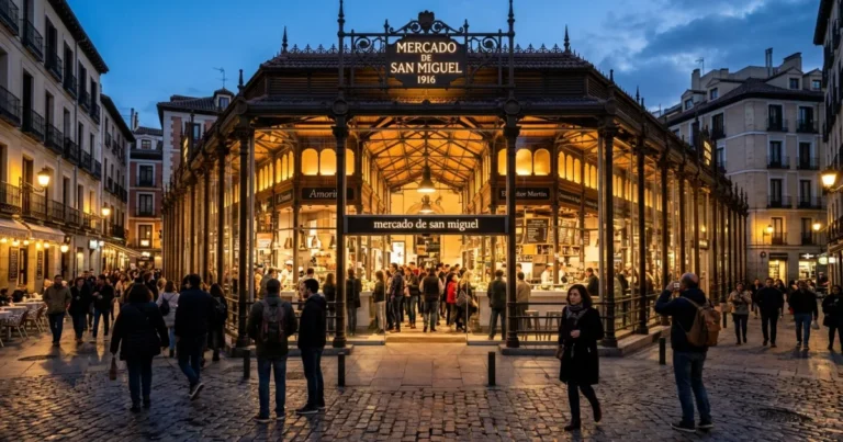 Mercado de San Miguel 1 Illuminated glass and cast-iron exterior of Mercado de San Miguel at dusk in Madrid