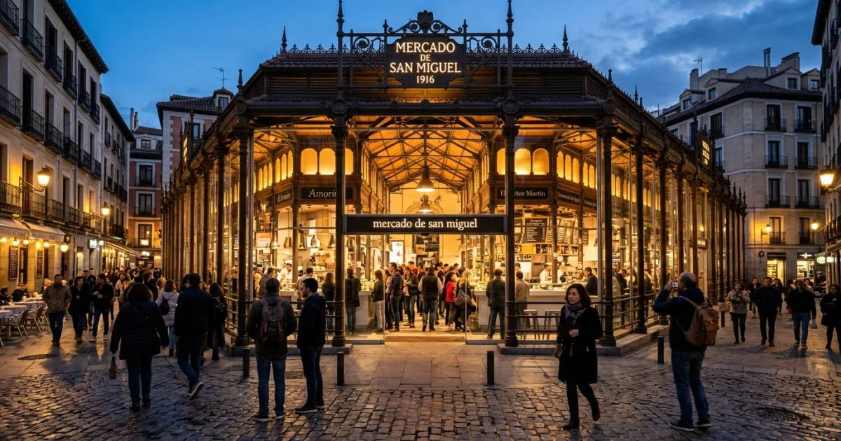 Illuminated glass and cast-iron exterior of Mercado de San Miguel at dusk in Madrid