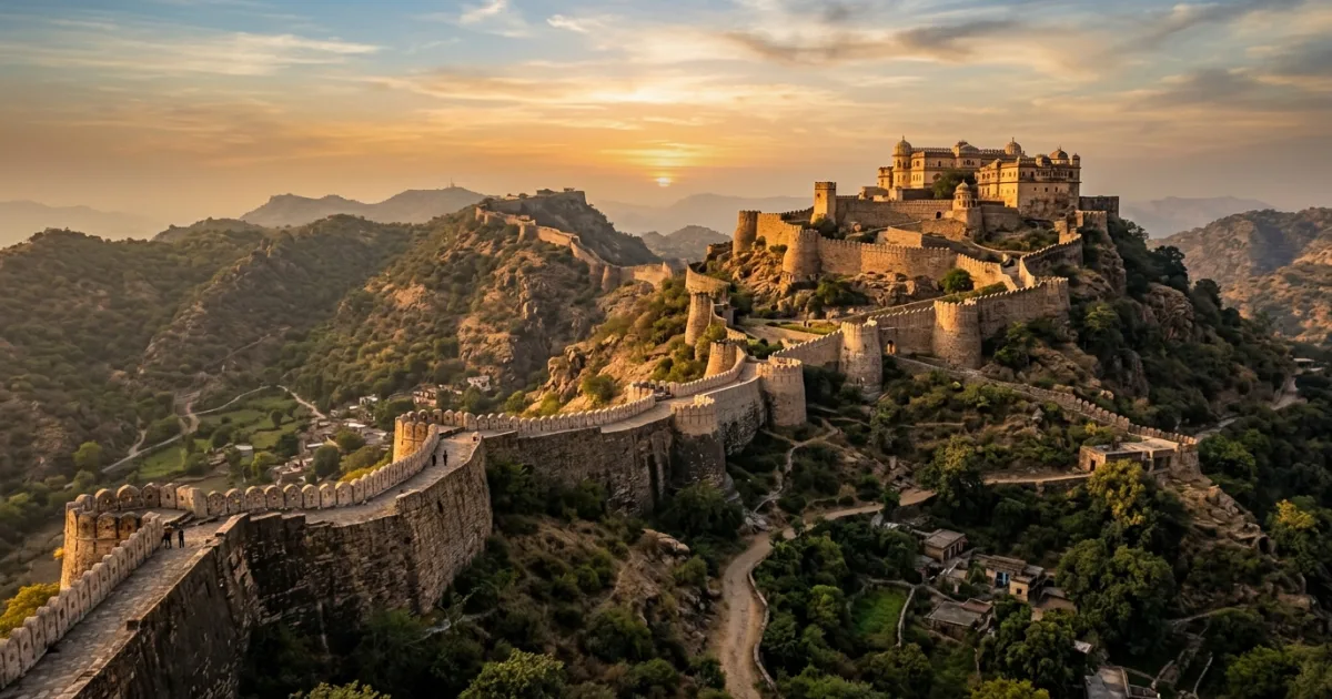 Massive stone ramparts of Kumbhalgarh Fort stretching across the Aravalli hills in the Mewar Region