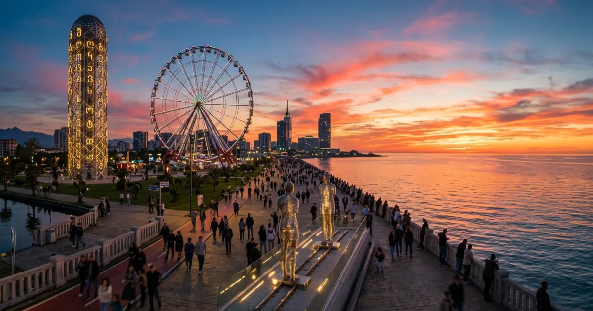 Panoramic sunset over Miracle Park Batumi showing the Alphabet Tower and Black Sea coast