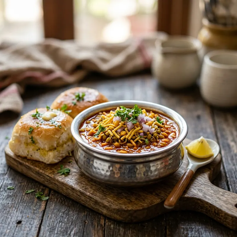 A bowl of spicy Misal curry topped with farsan, served with soft pav bread