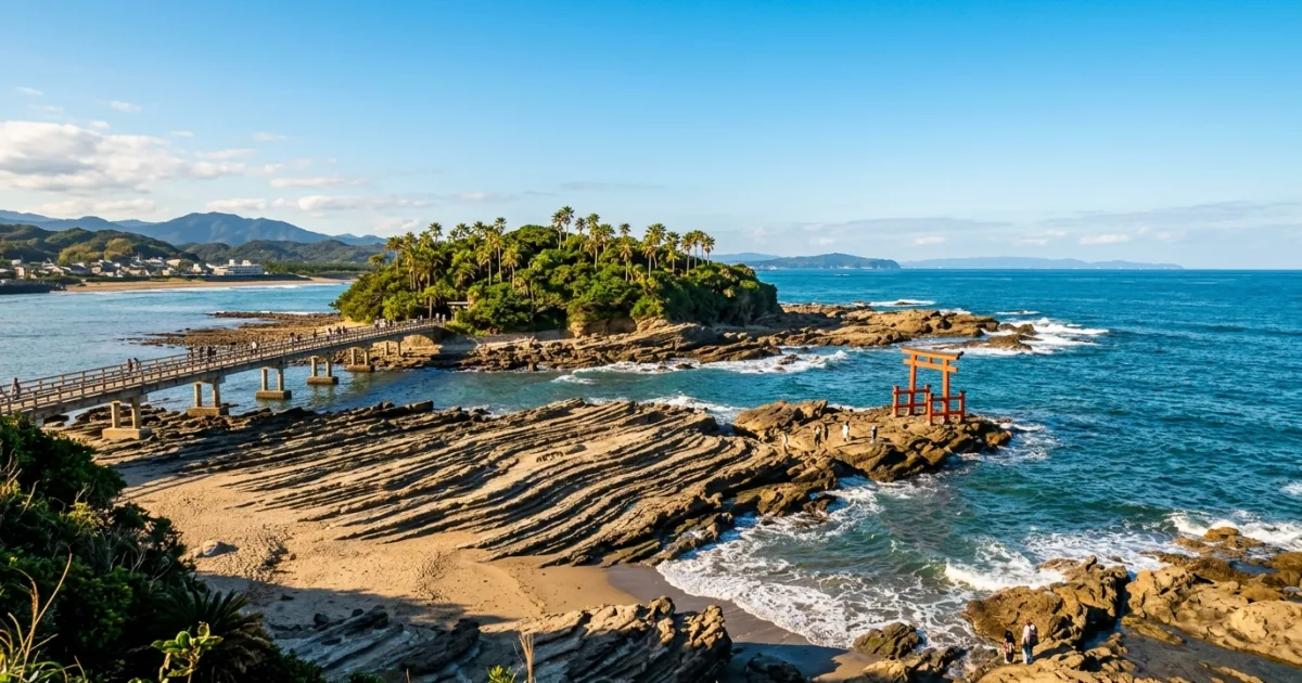 Aoshima Island and the Devil's Washboard rock formations in Miyazaki, Japan