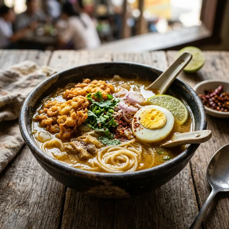 Authentic bowl of Burmese Mohinga with rice noodles and crispy fritters