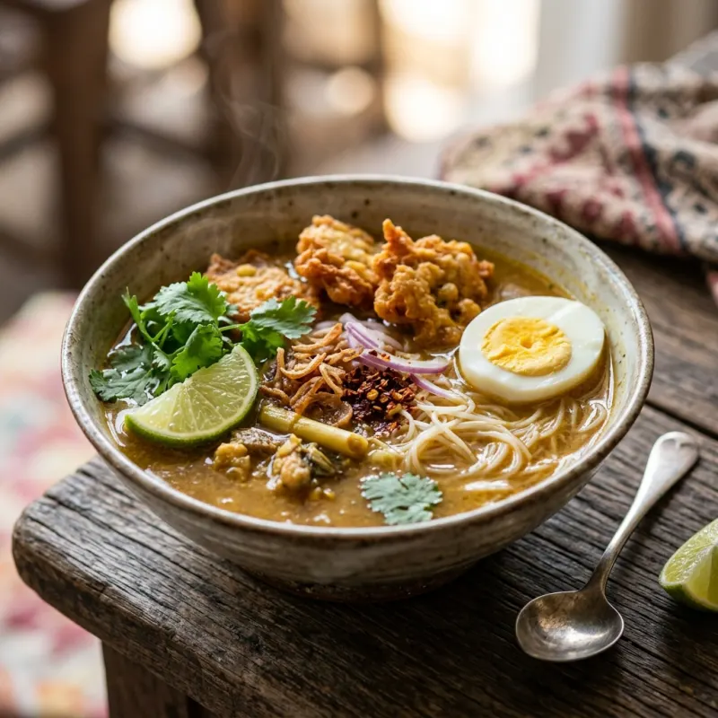 Authentic bowl of Burmese Mohinga fish noodle soup with garnishes