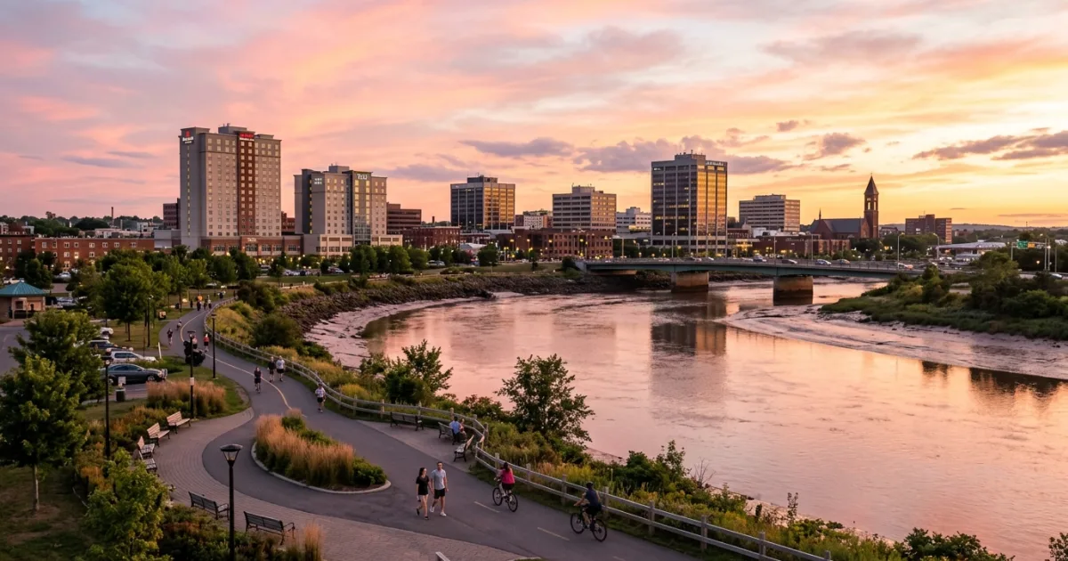 Panoramic view of downtown Moncton and the Petitcodiac River at sunset