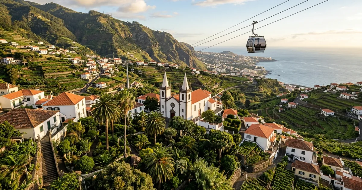 Panoramic view of Monte church and lush gardens overlooking Funchal and the Atlantic Ocean