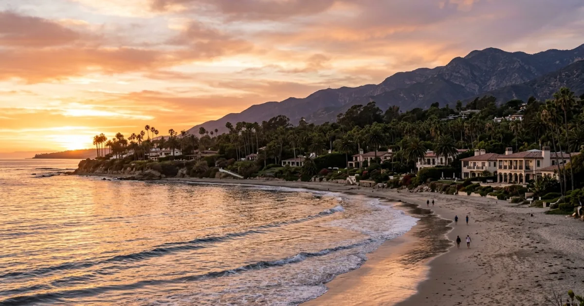 Sunset view of Butterfly Beach in Montecito, California