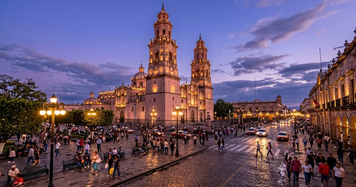Illuminated pink stone cathedral and central plaza in Morelia Mexico at dusk