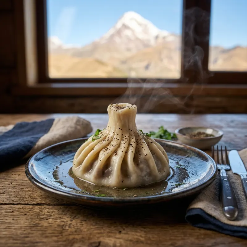 Steaming Georgian Mtiuluri Khinkali dumplings on a rustic wooden table