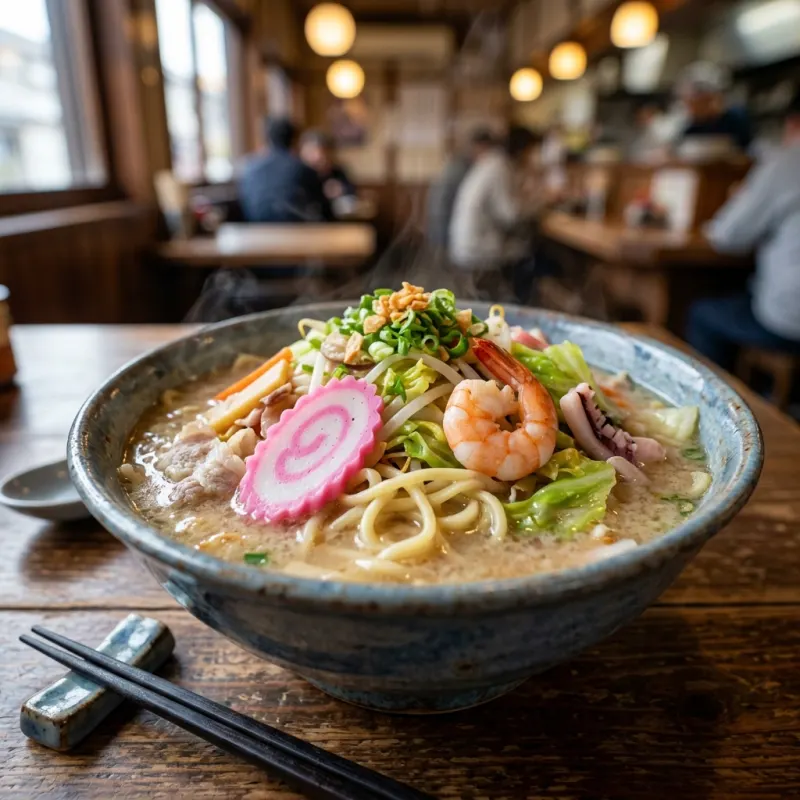 A bowl of Nagasaki Champon noodle soup with seafood and vegetables