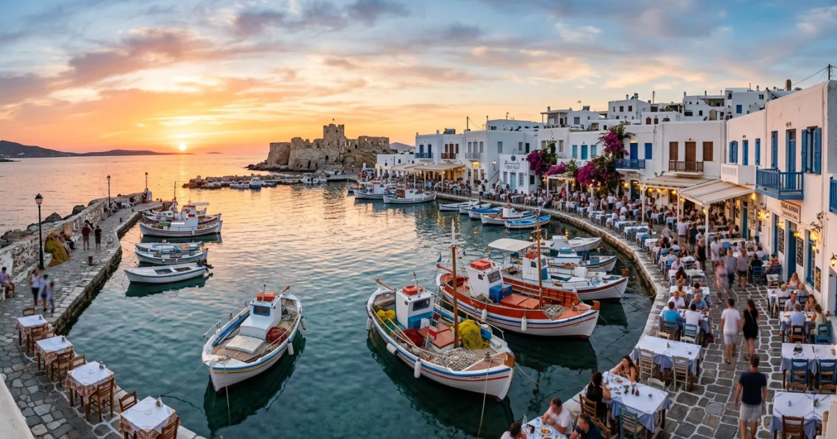 Panoramic view of the historic fishing harbor and whitewashed village of Naoussa in Paros Greece at sunset